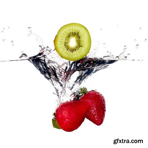 Water Splashes with Fresh Fruit, Berries and Vegetables - 32xUHQ JPEG Photo Stock