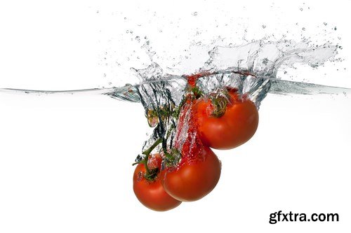 Water Splashes with Fresh Fruit, Berries and Vegetables - 32xUHQ JPEG Photo Stock