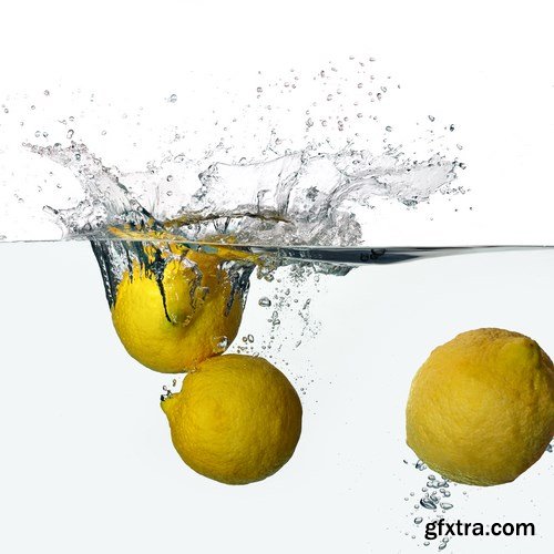 Water Splashes with Fresh Fruit, Berries and Vegetables - 32xUHQ JPEG Photo Stock