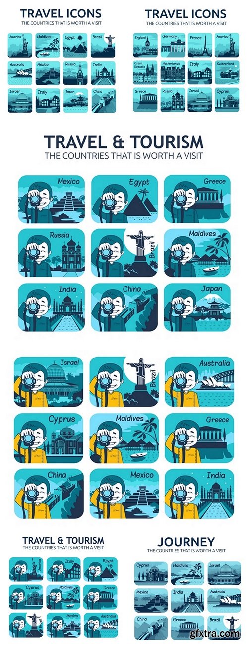 Set of flat travel icons with different countries