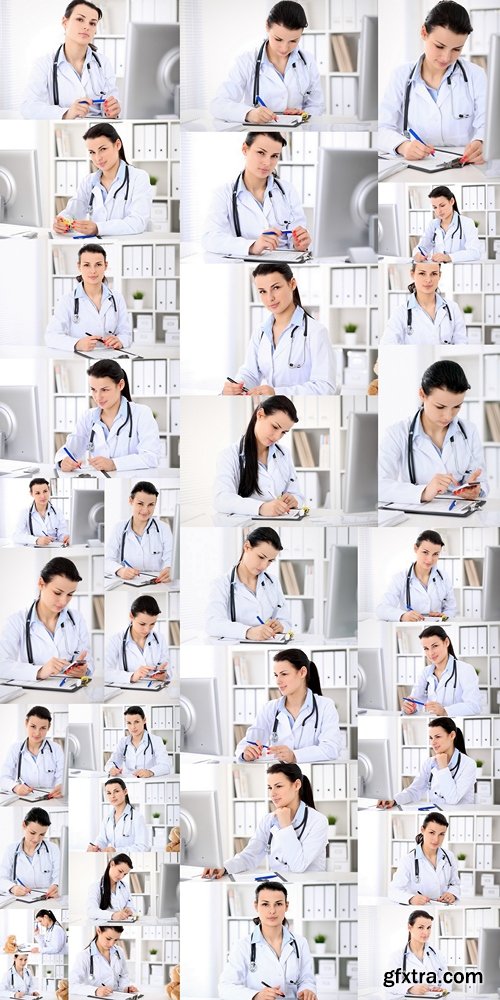 Young brunette female doctor sitting with clipboard near window in hospital and filling up medical history form