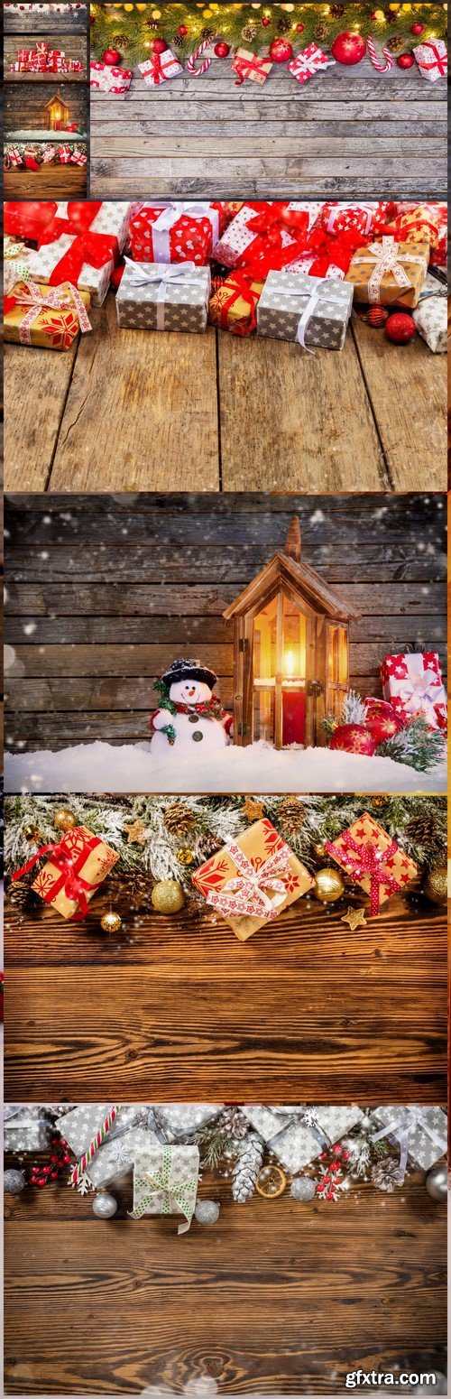 Christmas gift boxes placed on wooden planks 9X JPEG