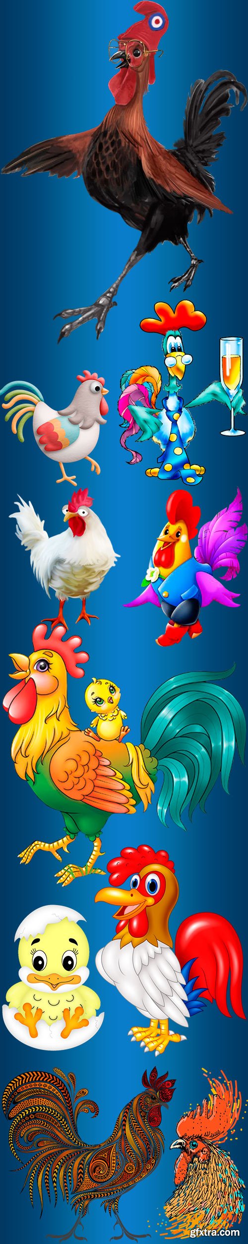 Clipart - Funny hens, cocks and chickens