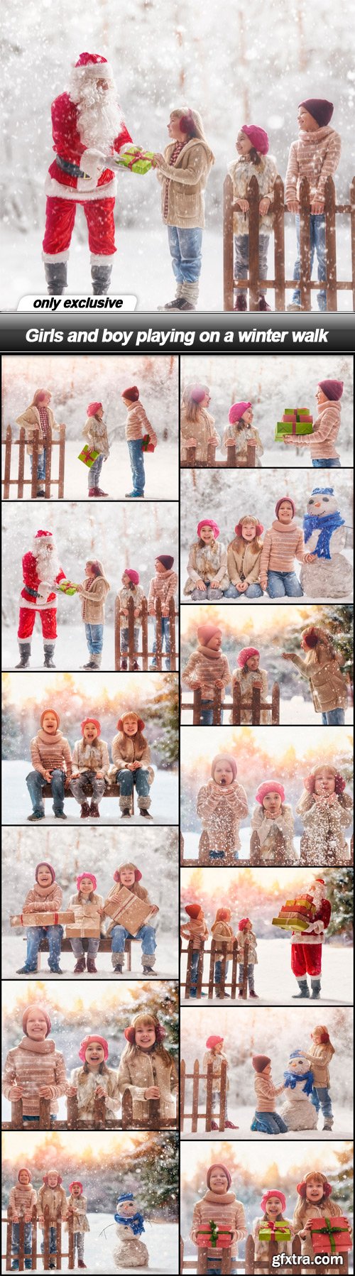 Girls and boy playing on a winter walk - 13 UHQ JPEG