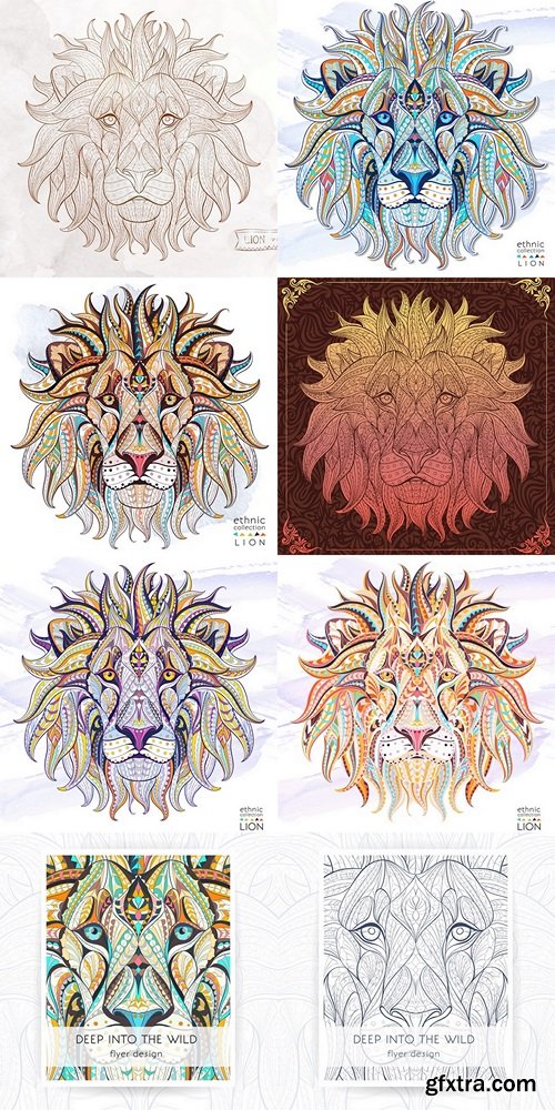 Patterned head of the lion on the grunge background. African indian totem tattoo design