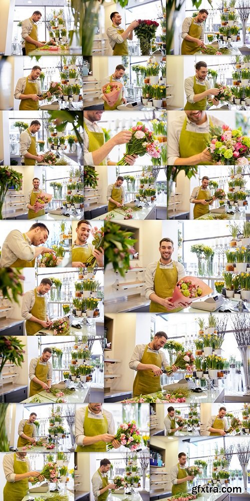 Smiling florist man making bunch at flower shop