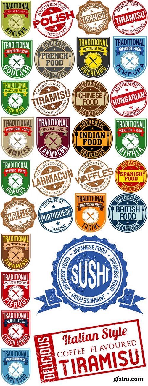 Stamps, labels, logos and traditional dishes of the world cuisine 3