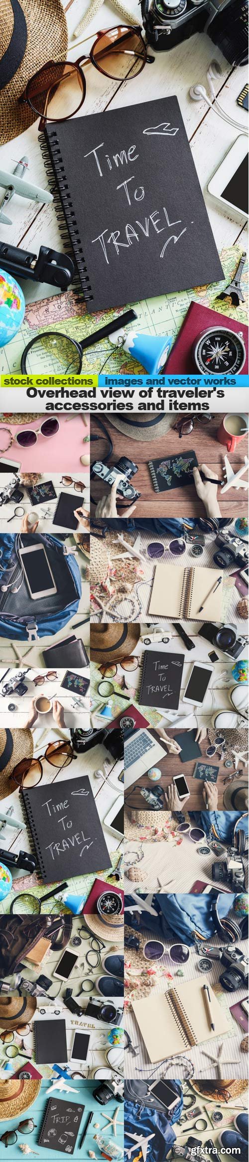 Overhead view of traveler's accessories and items, 15 x UHQ JPEG