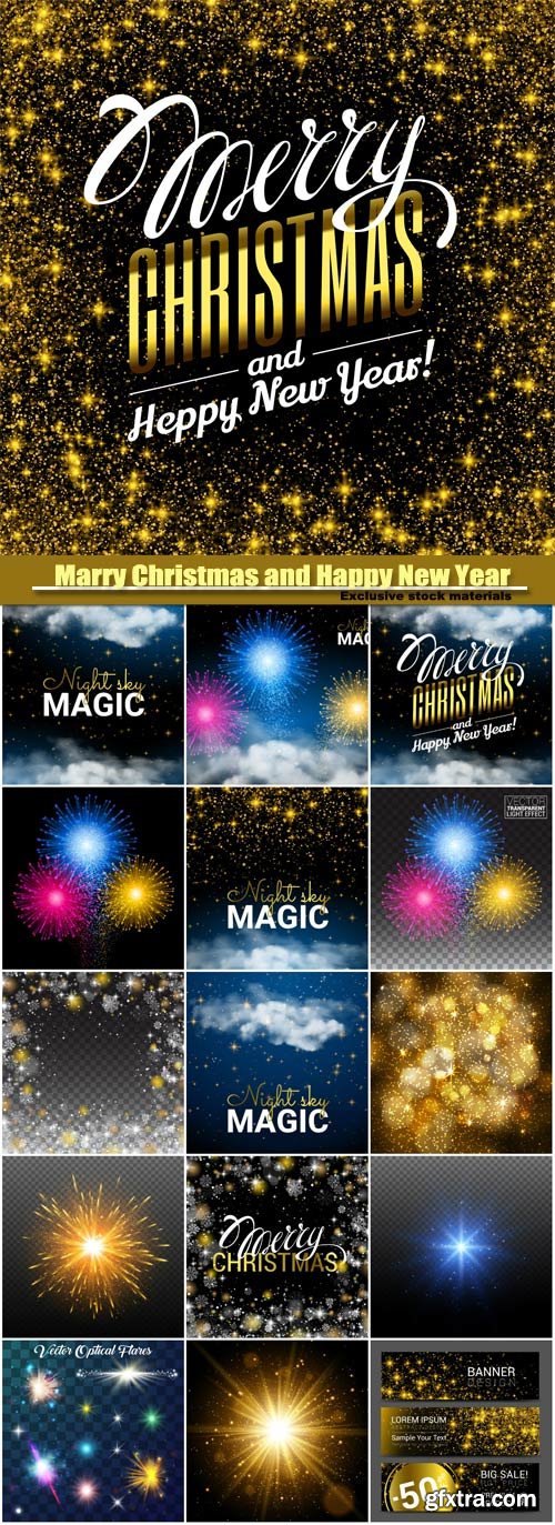 Marry Christmas and Happy New Year vector, magic Christmas cloud, shining Starsand night sky abstract