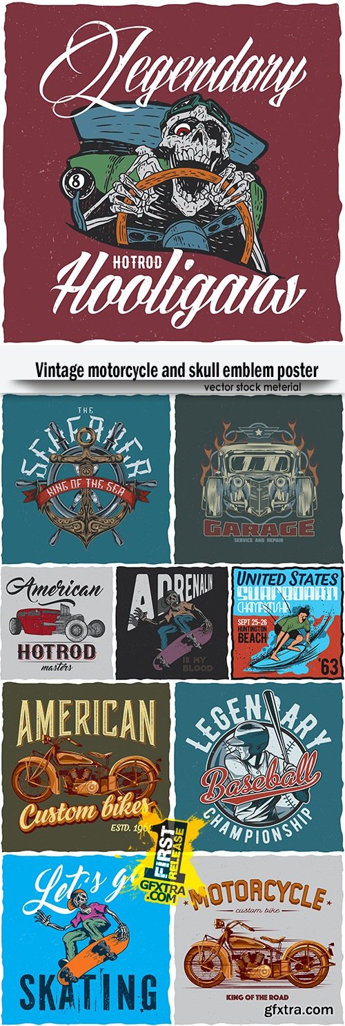 Vintage motorcycle and skull emblem poster