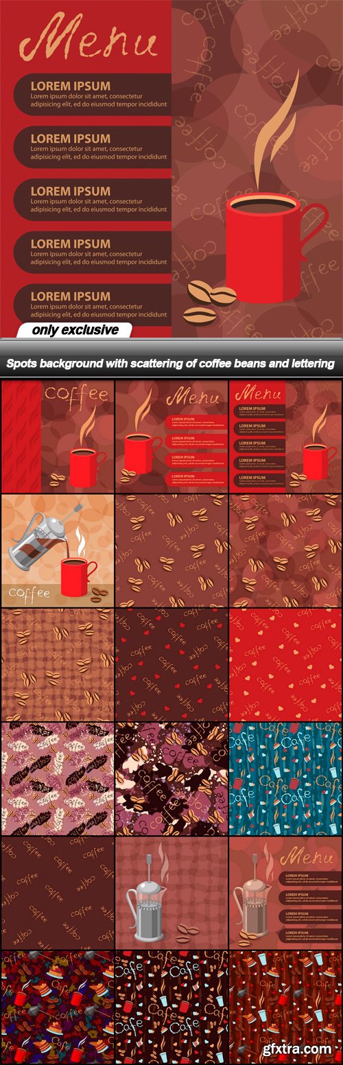 Spots background with scattering of coffee beans and lettering - 18 EPS