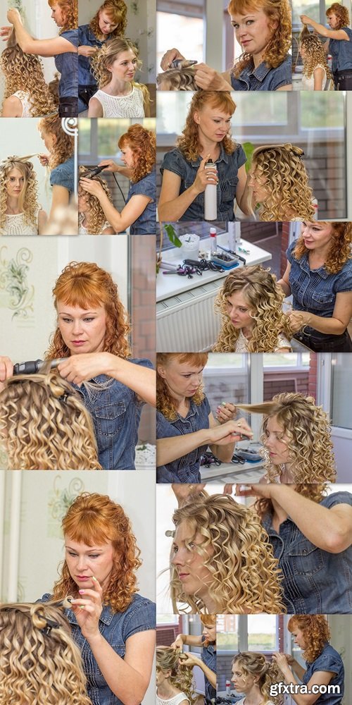 Hair stylist makes the bride before wedding