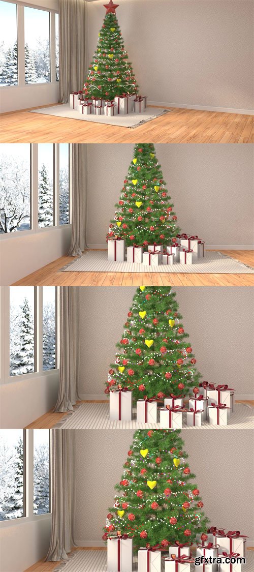 Christmas tree with decorations in the living room. 3d illustration