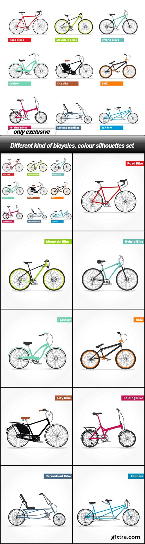 Different kind of bicycles, colour silhouettes set - 10 EPS