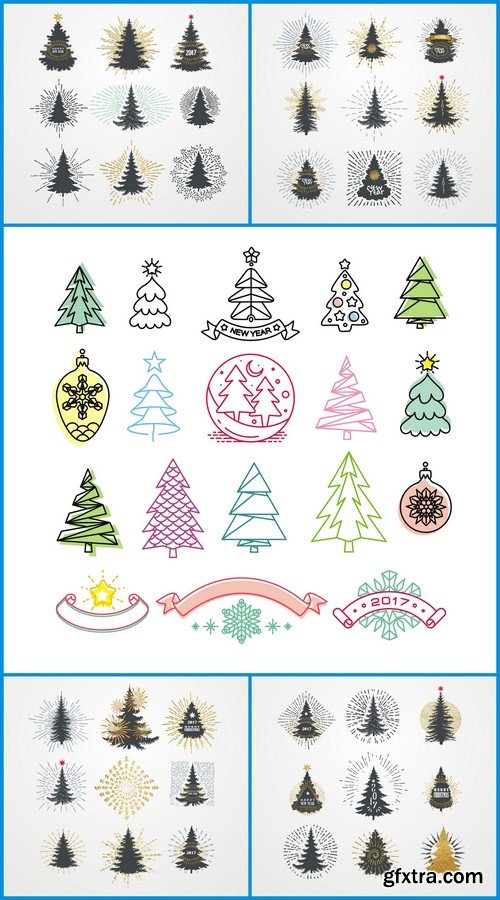 Vector illustration of different christmas trees with starburst 5X EPS