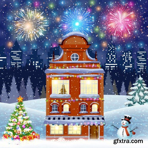 Happy new year and merry Christmas vector, winter old town street with christmas tree, fireworks in the sky
