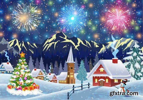 Happy new year and merry Christmas vector, winter old town street with christmas tree, fireworks in the sky