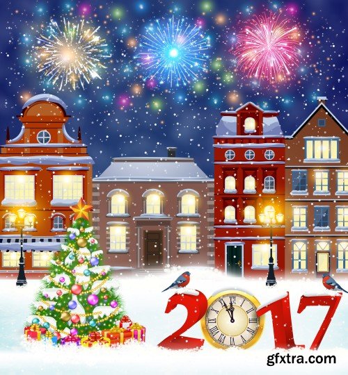 Happy new year and merry Christmas vector, winter old town street with christmas tree, fireworks in the sky