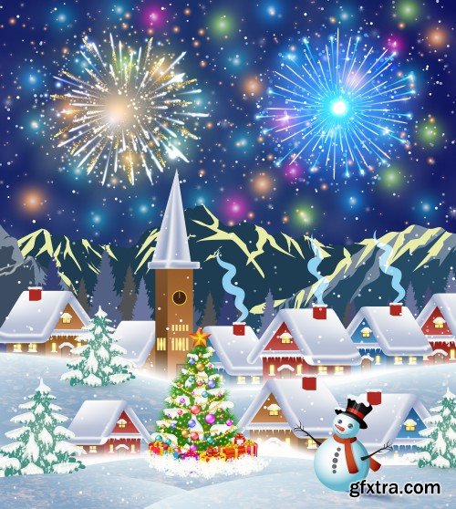 Happy new year and merry Christmas vector, winter old town street with christmas tree, fireworks in the sky