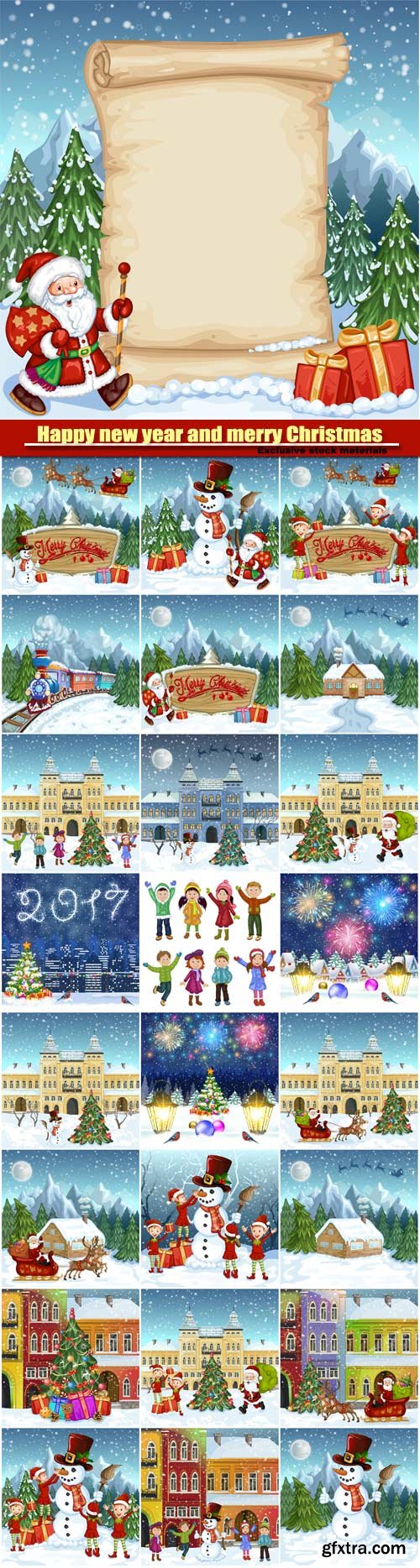 Happy new year and merry Christmas vector, winter town, children with snowman