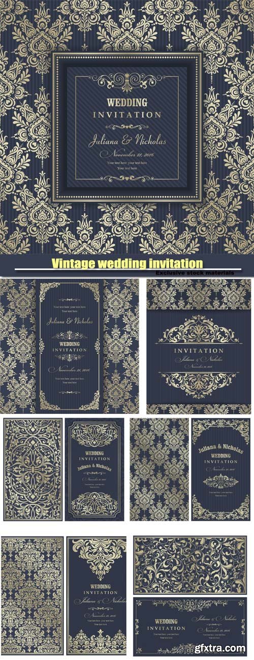 Vintage wedding invitation in the vector backgrounds with patterns