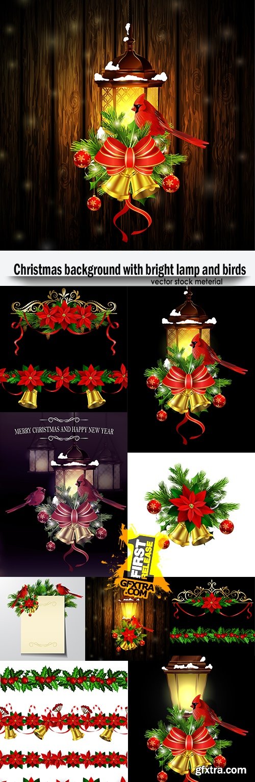 Christmas background with bright lamp and birds