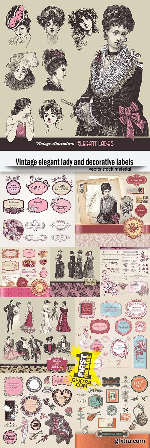 Vintage elegant lady and decorative labels