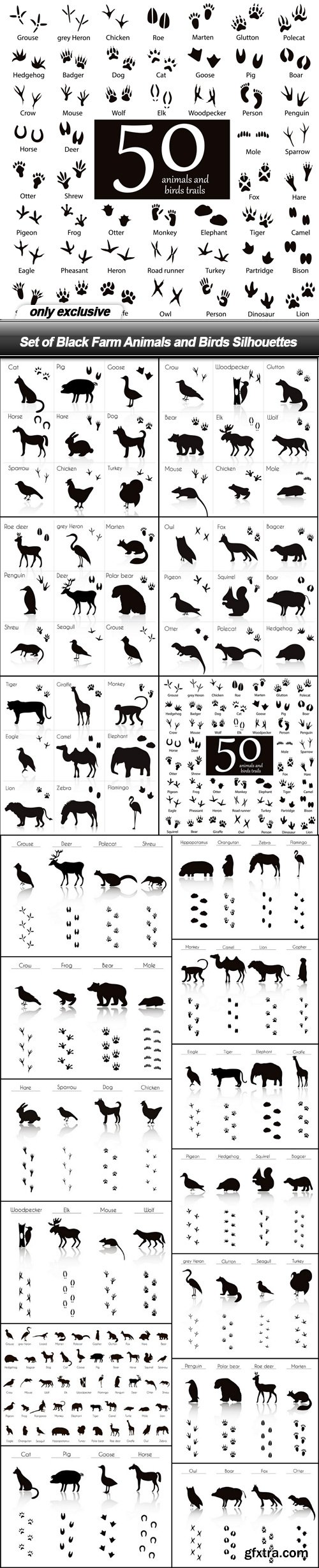 Set of Black Farm Animals and Birds Silhouettes - 19 EPS