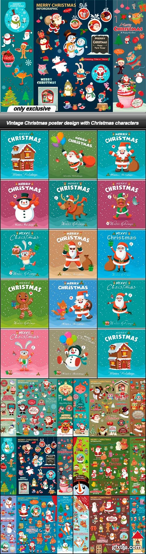 Vintage Christmas poster design with Christmas characters - 20 EPS