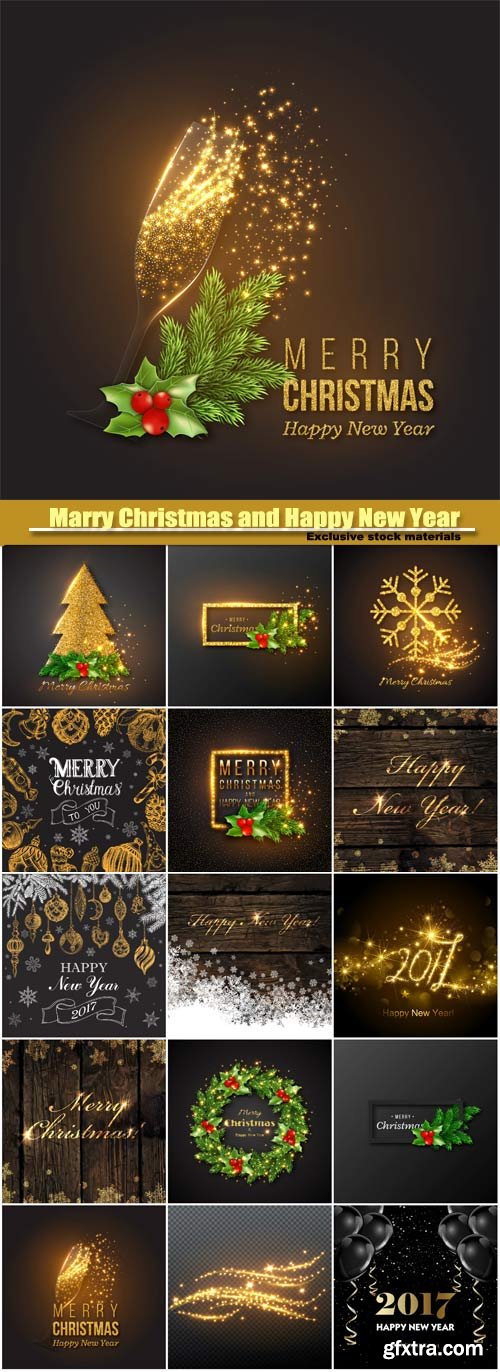 Marry Christmas and Happy New Year vector, golden decoration, champagne splash