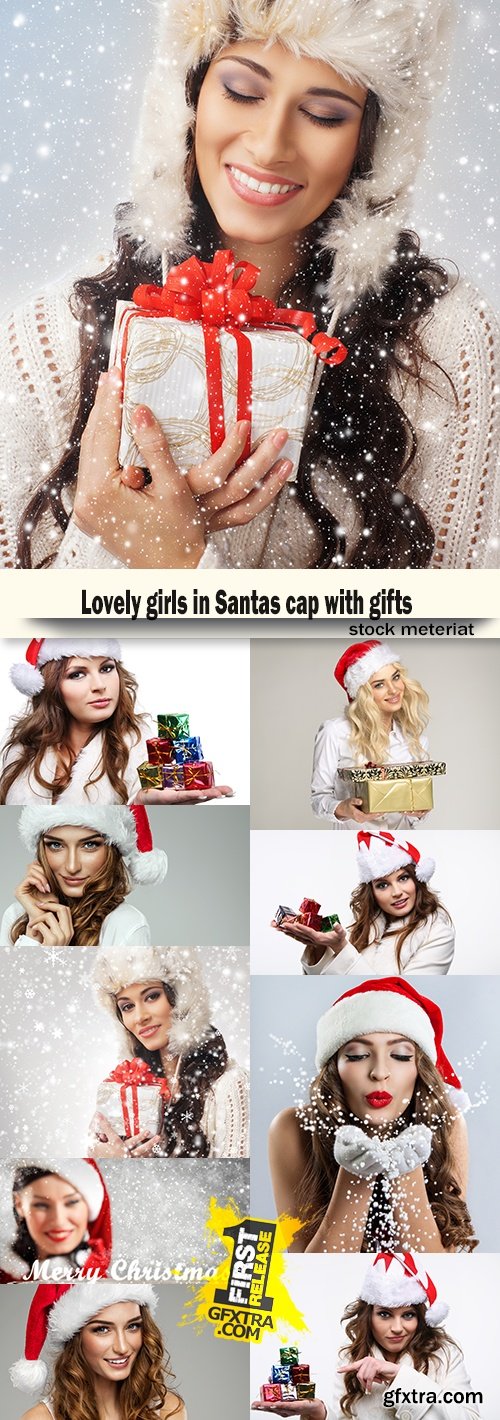 Lovely girls in Santas cap with gifts