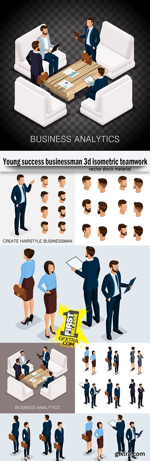 Young success businessman 3d isometric teamwork