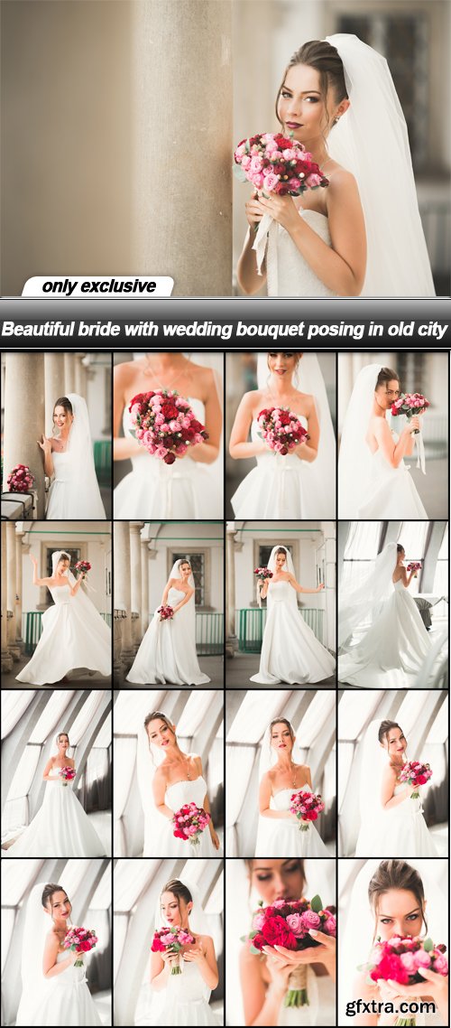 Beautiful bride with wedding bouquet posing in old city - 17 UHQ JPEG