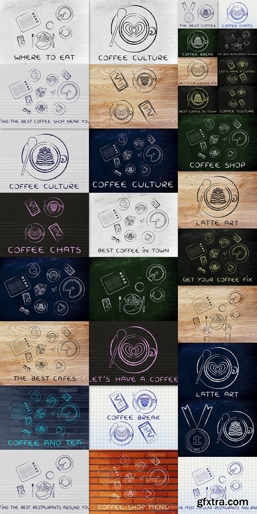 Cappuccinos with latte art and phones, illustration with text Co