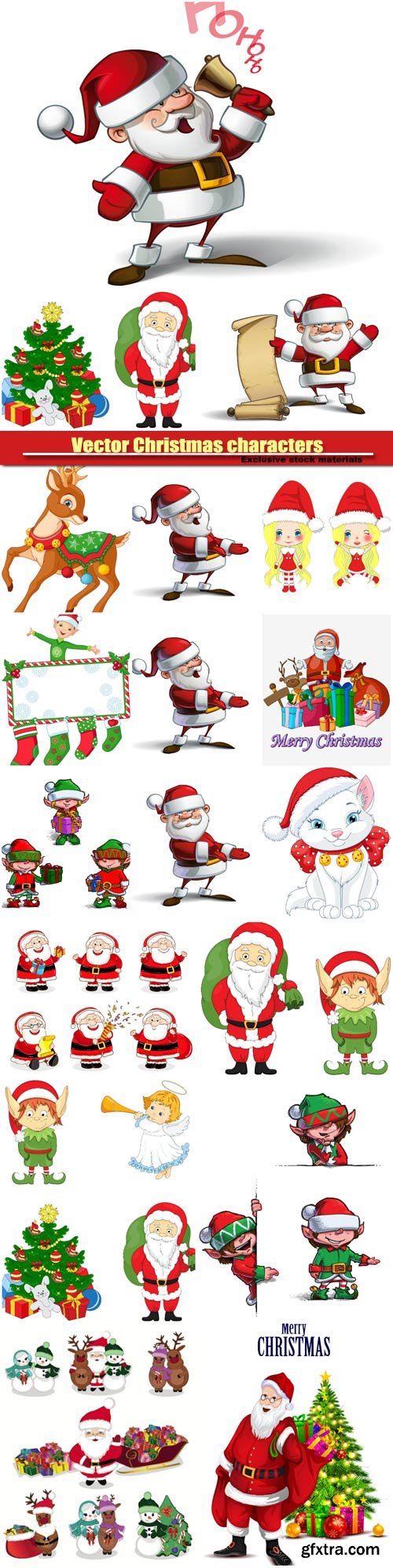 Vector Christmas characters, Santa Claus, elves and snowmen