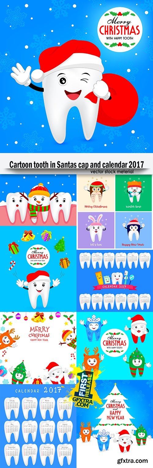 Cartoon tooth in Santas cap and calendar 2017