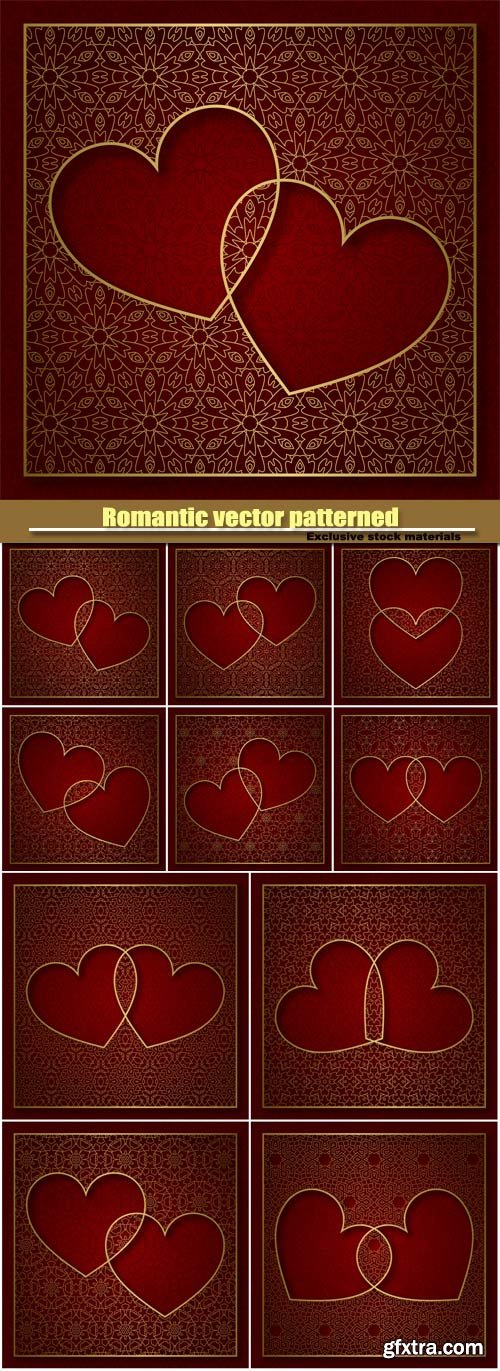 Romantic vector patterned background with frame of two hearts