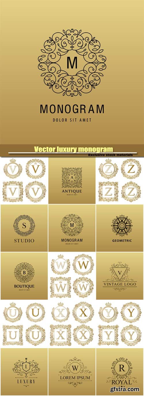 Vector luxury monogram, logo company icon, decorative frame, golden letter