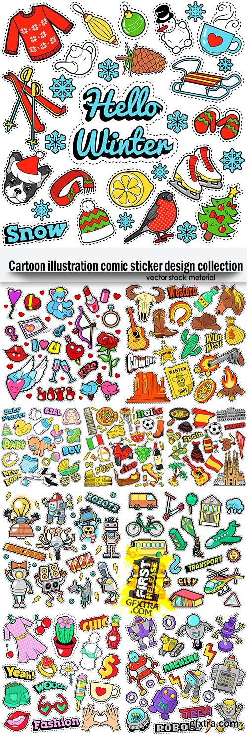 Cartoon illustration comic sticker design collection