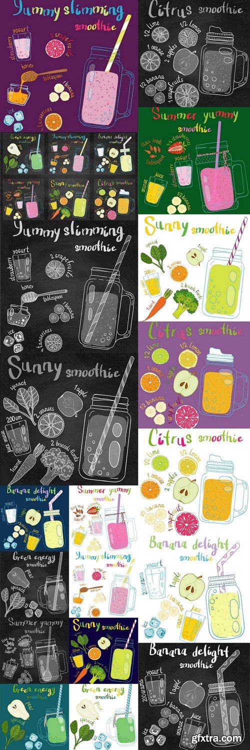 Set of fruits smoothie recipes. Raw nature food