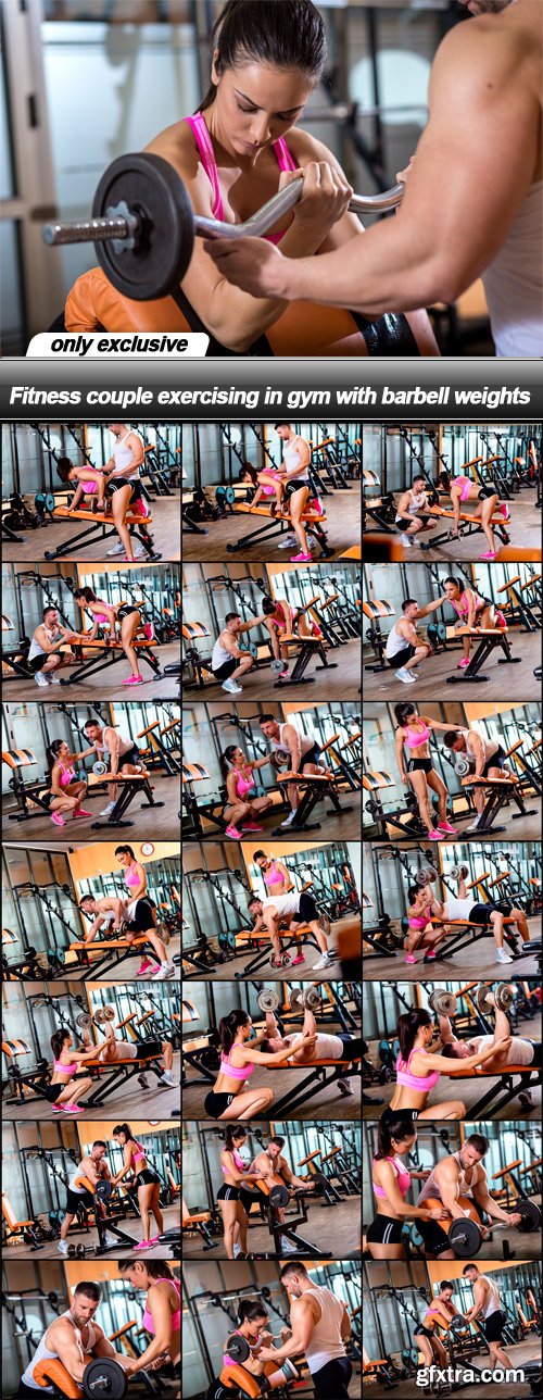 Fitness couple exercising in gym with barbell weights - 22 UHQ JPEG