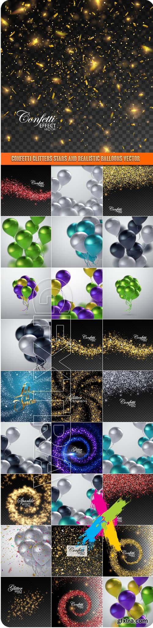 Confetti Glitters Stars and Realistic balloons vector