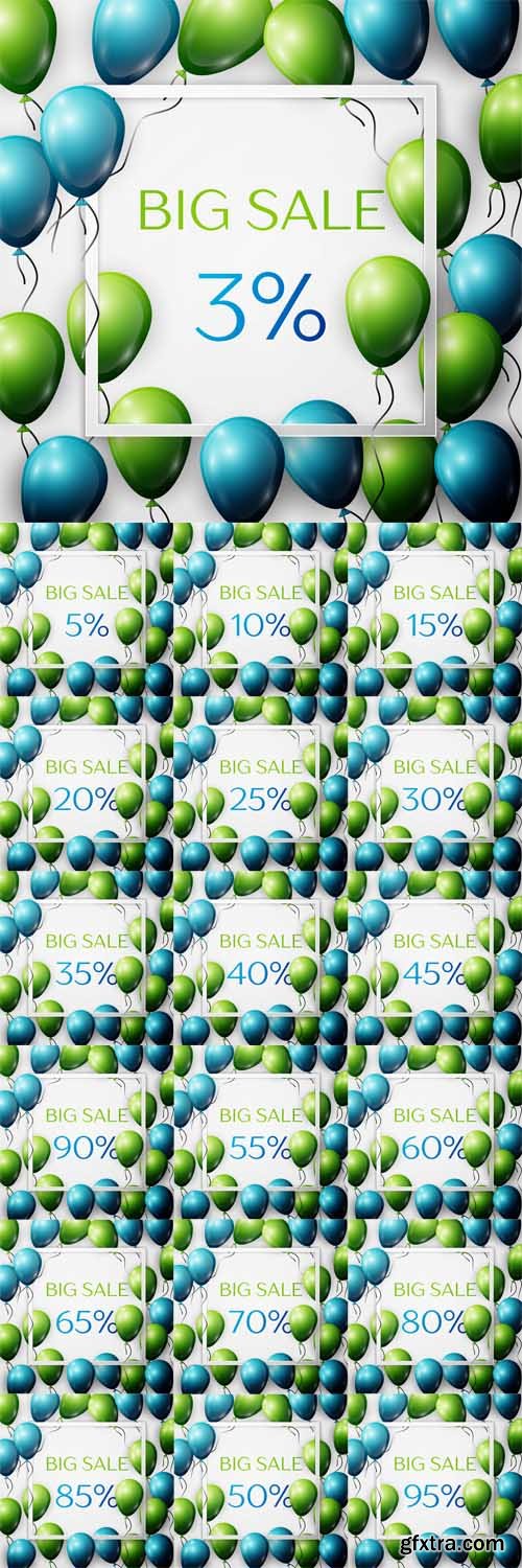 Vector Set - Realistic green and blue balloons with black ribbon in centre text Big Sale