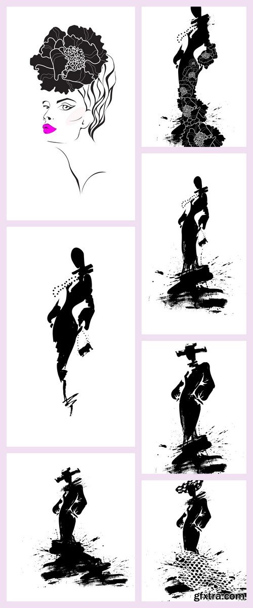 Fashion illustration silhouette woman 7X EPS