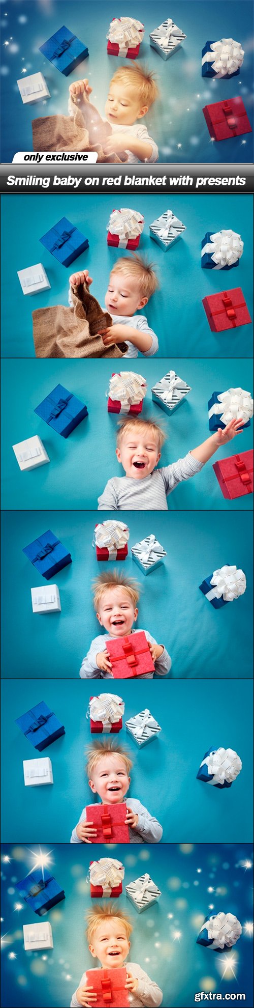 Smiling baby on red blanket with presents - 6 UHQ JPEG