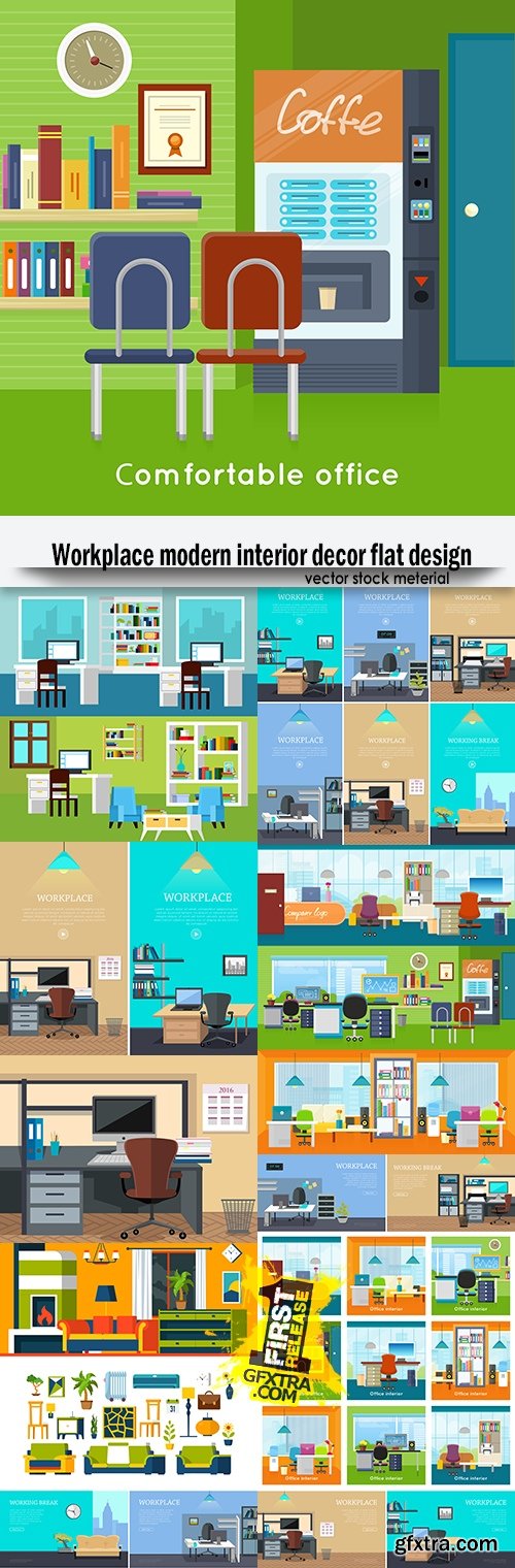 Workplace modern interior decor flat design