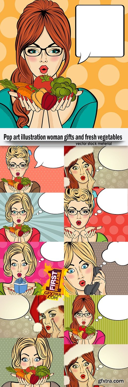 Pop art illustration woman gifts and fresh vegetables