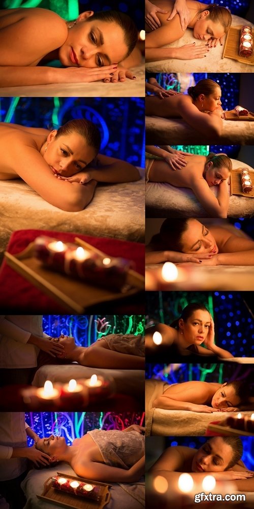 Woman lying after relaxation spa procedure by candle light