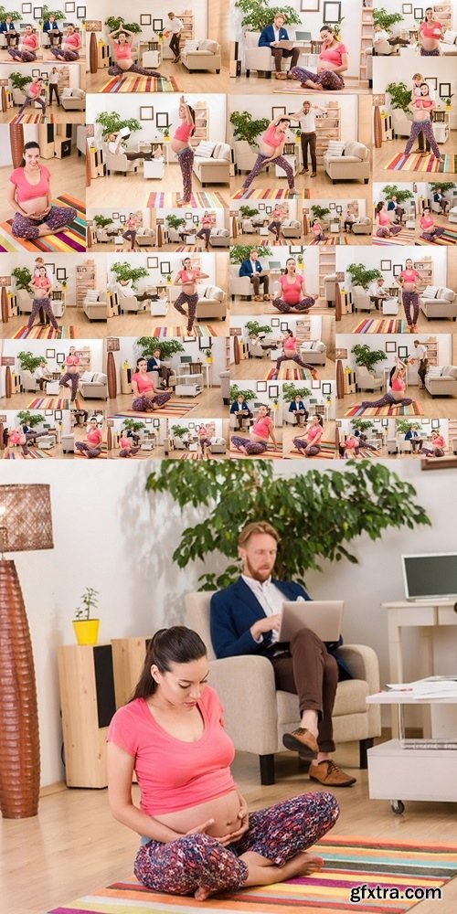 Young pregnant lady looking calm while doing yoga at home. Pretty woman with her hands clasped meditating while her sad husband loudly playing computer games