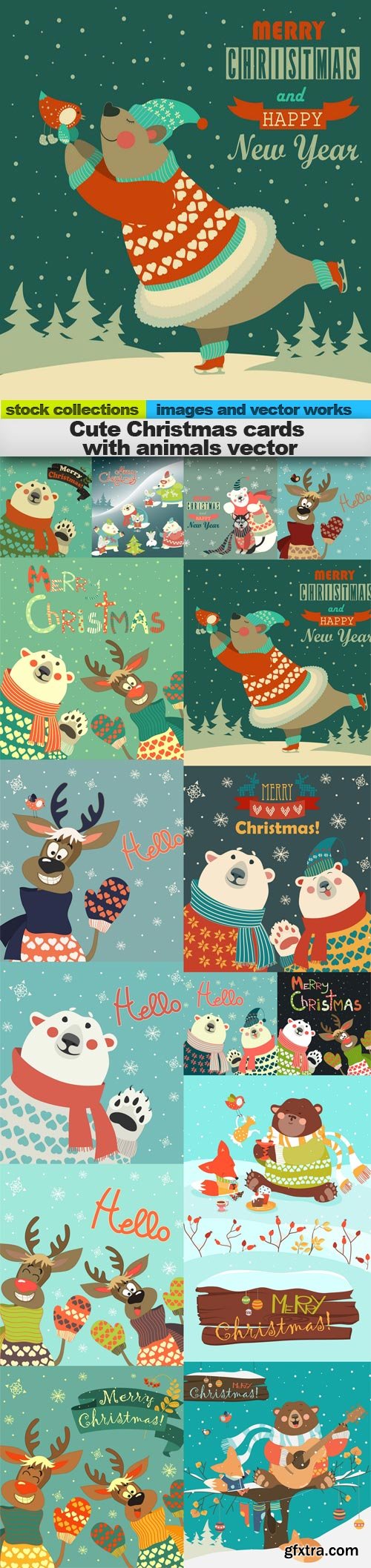 Cute Christmas cards with animals vector, 15 x EPS